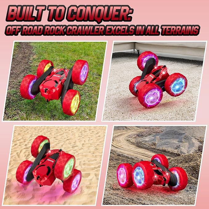 Remote Control Car for Kids Ages 6-12, 4WD RC Stunt Car with LED Lights & 360° Flips, 2.4GHz Fast Electric Toy Vehicle, Upgraded Battery, Birthday for Boys Ages 8-10