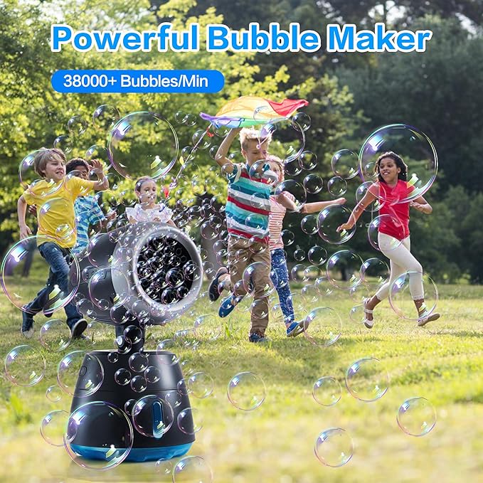 Rechargeble Bubble Machine, 270° Automatic-Rotating, 38000 Big Bubbles/min, 1000ml Large Bubble Tank, 2200mAh Battery, Bubble Maker for Kids Toddlers, Parties, Wedding, Birthday, Outdoor, Black