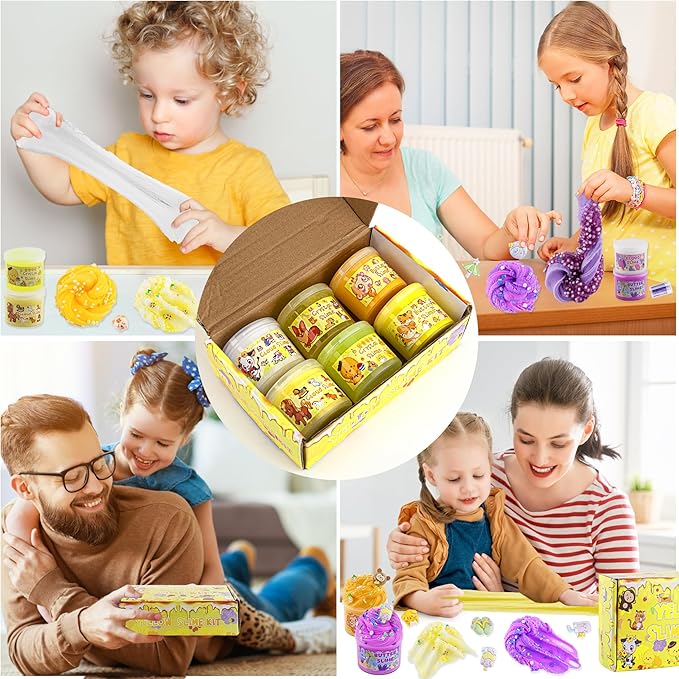 LAWOHO 6 Packs Gradient Yellow Slime Kit - Clear, Butter, Cloud Slimes, Fluffy Slimes for Kids with Charms & Animal Add-ins, Party Favors for Girls & Boys, 360ml Non Stick Slime Making Kit for Kids