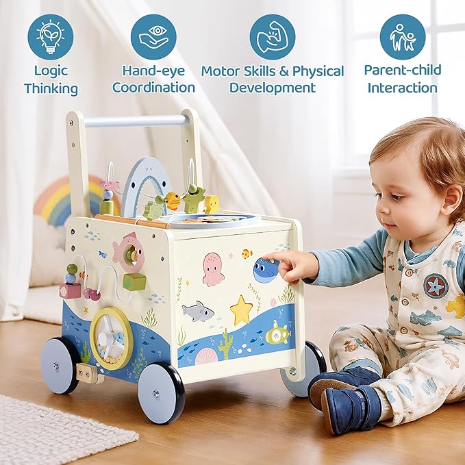 ROBOTIME Wooden Baby Walking Toy, Montessori Baby Walker Push Toy with Adjustable Height & Speed, Activity Center Baby Push Toy with Music, Fishing Game & Storage for Toddler 10M+ (Ocean World Theme)