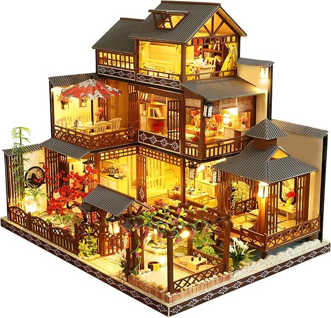 Spilay DIY Dollhouse Miniature with Wooden Furniture,DIY Dollhouse Kit Big Japanese Courtyard Model with LED & Music Box,1:24 Scale Creative Room Gift Idea for Adult Friend Lover (Yaquan Courtyard)