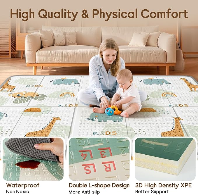Foldable Baby Play Mat for Floor, PIGLOG 79x71 Extra Large Crawiling Play Mat for Babies, Waterproof & Portable Tummy Time and Non-Toxic Soft Foam Playmat for Infants, Toddlers