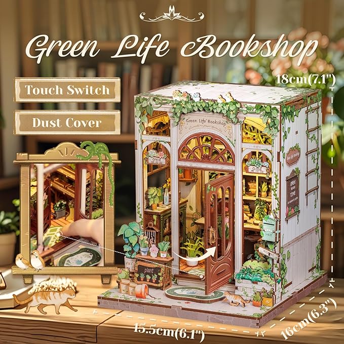 CUTEBEE Book Nook Kit - DIY Miniature House Dollhouse Kit for Adults and Teens, Booknook Tiny House Bookshelf Decor 3D Wooden Puzzle, Gifts for Family Friends (Green Life Bookshop)