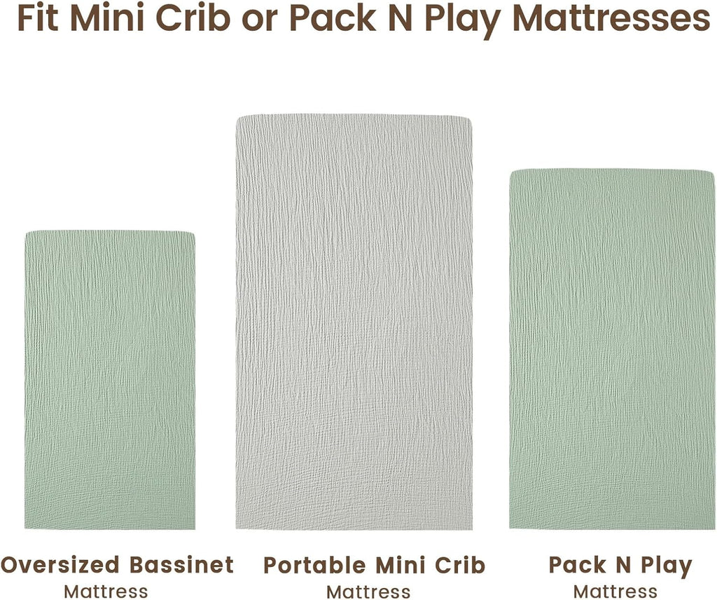 david's kids Muslin Mini Crib Sheets, 2 Pack Cotton Pack N Play Sheets for Boys Girls Neutral, Soft Breathable Baby Sheets Fit Pack N Play, Playard and Mini Crib Mattresses, Light Gray & Sage Green