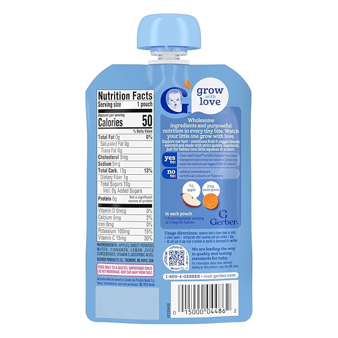 Gerber Stage 2 Baby Food, Apple Sweet Potato Cinnamon Puree Pouch, 2 Servings of Fruit & Veggie, No Added Sweetener, No Artificial Colors or Flavors, 12-Pack