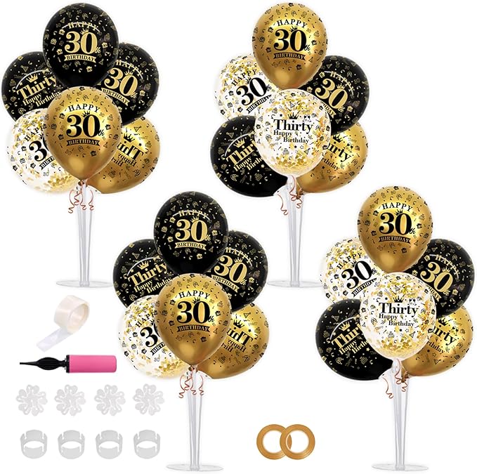 TONIFUL 4 Set Black Gold Balloon Stand Kit for Birthday Decorations for 30th,Balloon Centerpieces for Table Party Decorations Cheers to 30 Years Old Birthday for Men and Women