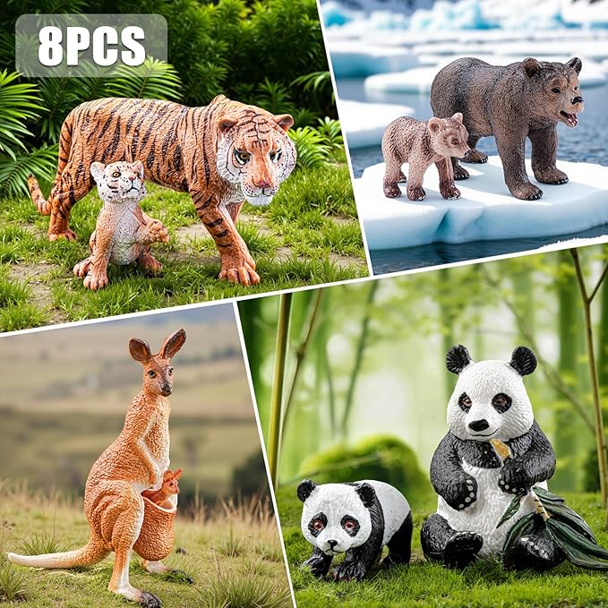 8PCS Safari Zoo Animals Figurines Toys, Realistic Plastic Mom and Baby Cubs Figures, Includes Panda,Grizzly Bear,Kangaroo,Tiger, Educational Learning Playset for Kids Boys Girls