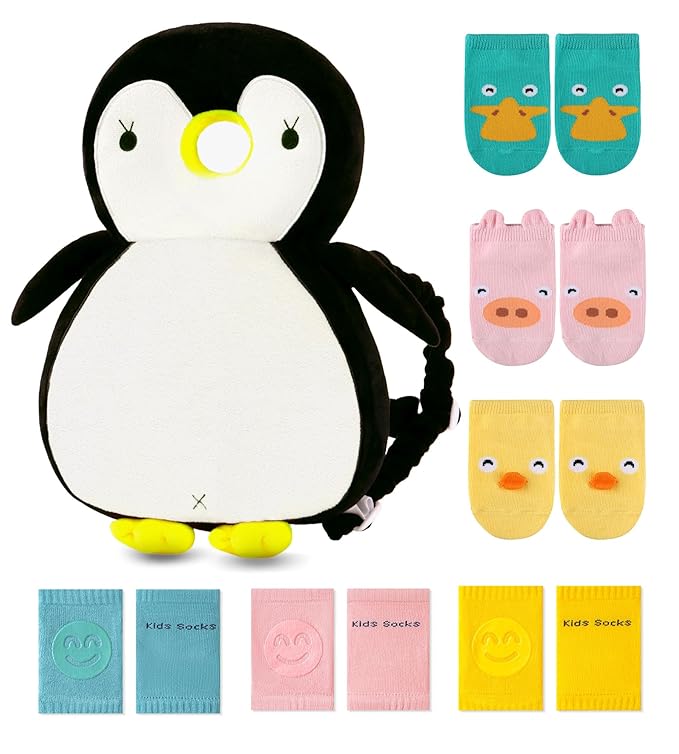 JunNeng Toddler Baby Head Protector Backpack for Toddler Walker with Knee Pads&Anti-Slip Socks, Penguin