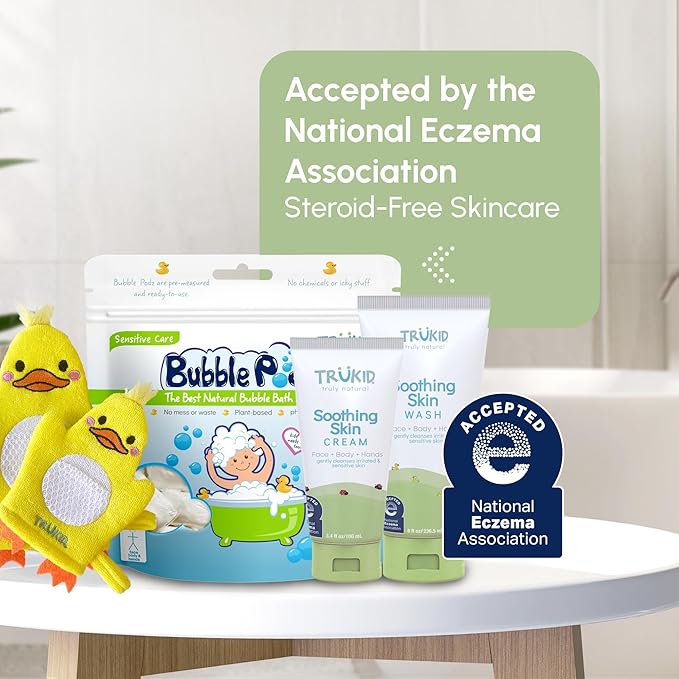 TruKid Eczema Bubble Podz with Eczema Cream & Bubble Glove – Gentle Bubble Bath and Skincare Set for Kids and Toddlers