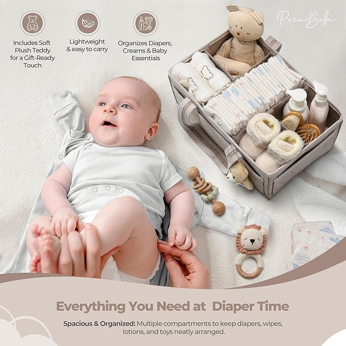 PeraBella XL Diaper Caddy Organizer With Handle, Baby Shower Gifts Basket Bag, Registry Search Must Haves Items, Newborn Girl Boy Nursery Storage Organizer, Baby Bag Essentials, Car Diaper Caddy Cart