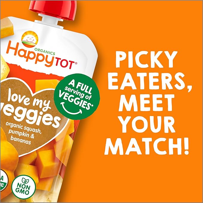 HAPPYTOT Organics Stage 4 Baby Food Pouches,Gluten Free, Vegan Snack, Love My Veggies, Fruit & Veggies Puree,Squash, Pumpkin & Bananas 4.22 oz Pouch (Pack of 16)