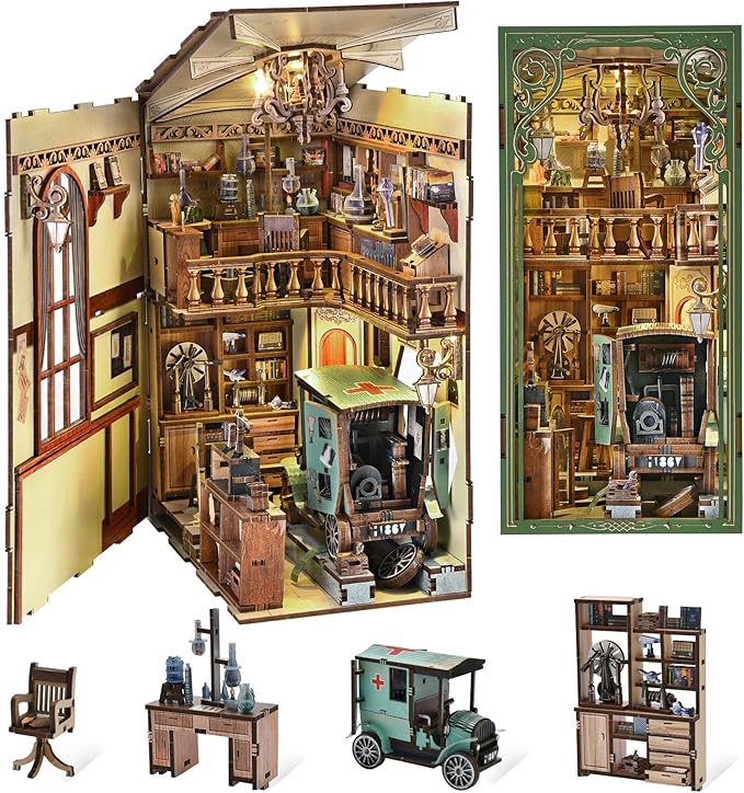 Book Nook Kit, DIY Miniature Dollhouse Book Nook Kit with Dust Cover and LED Light-The Radium Lady