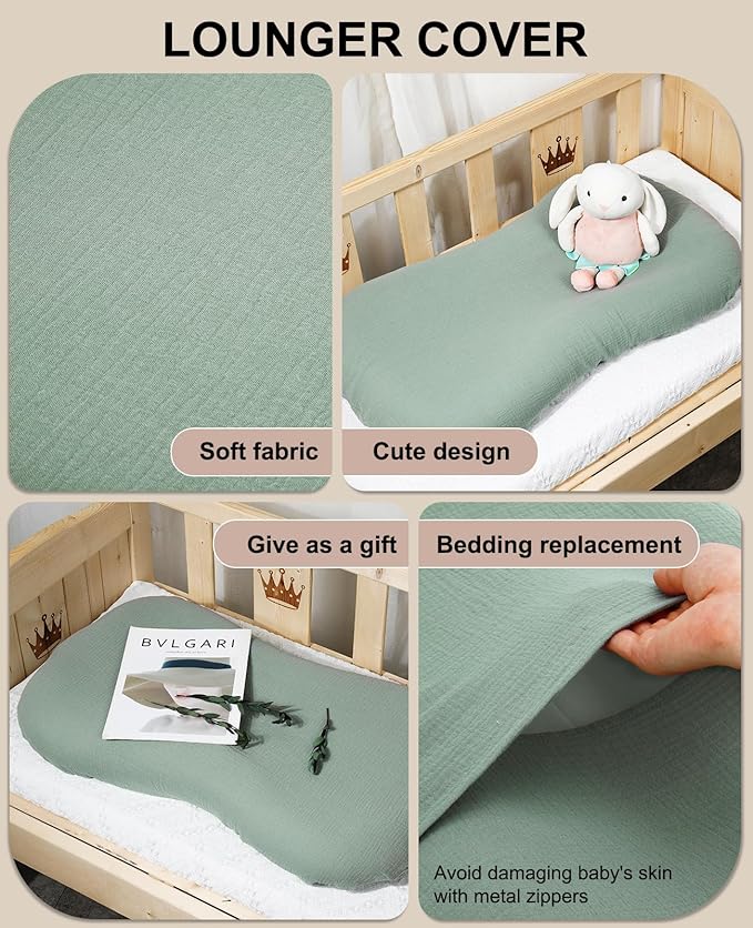 Muslin Baby Lounger Cover for Snuggle Me Organic Lounger/Baby Lounger/Organic Cotton Handmade Cover for Infant/Toddler Lounger/Nursing Pillow(Green, Wheat)