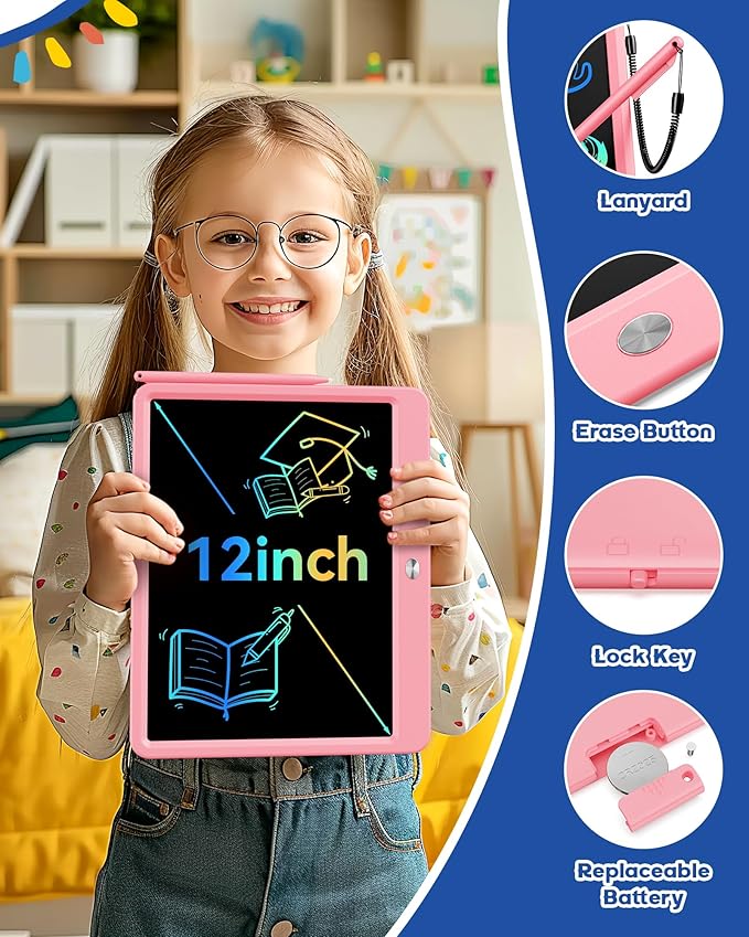 Bravokids 12 Inch LCD Writing Tablet for 3 Year Olds - Electronic Drawing Pad and Doodle Board as Educational Birthday Gifts for Girls and Boys (Pink)