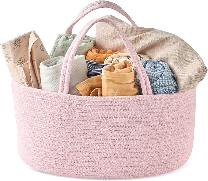 Diaper Caddy Organizer, Empty Gift Basket for Newborn Essentials, Baby Storage Basket, Stylish Gift Bag for Baby Shower, Boys and Girls – Small, Light Pink