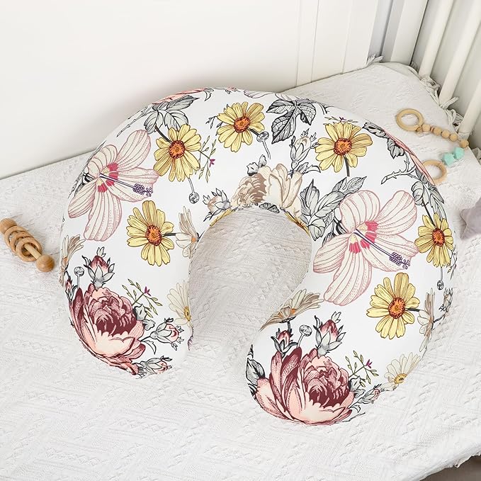 Floral Nursing Pillow Cover, Breastfeeding Pillow Slipcover for Baby Girls, Soft Snug Fits On Newborn Feeding Pillow Case
