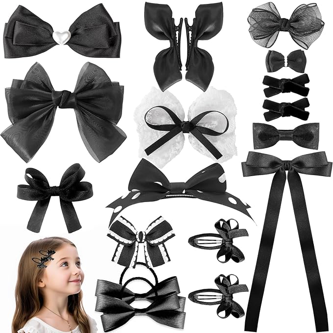 18pcs black hair bows for girls.Black bow with alligator clips,hair ties,snap clip hairpins.Handmade hair accessories for girls gift set