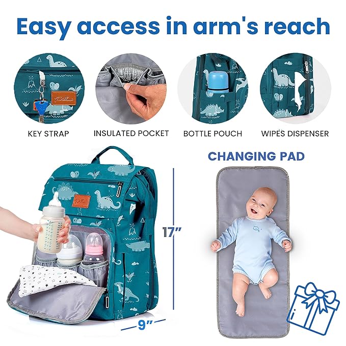 PILLANI Baby Diaper Bag Backpack - Large Bag for Boys & Girls, Waterproof Diaper Backpack - Travel Diaper Bags w/Changing Pad, Baby Registry Search & Shower Gifts - Essentials Must Haves Newborn Stuff