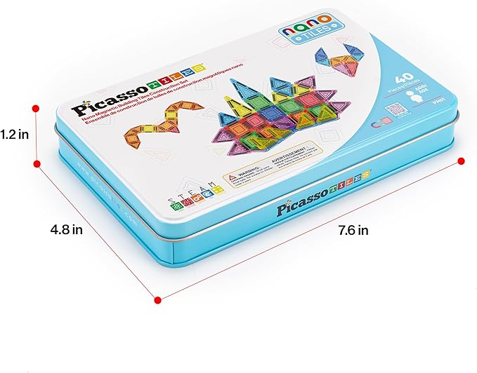 PicassoTiles 40pc Nano Mini Magnetic Tile Construction Building Blocks Travel Toy Set with Storage Case STEM Educational Fun Learning Magnet Tiles Stacking Toys for Toddlers Girls Boys Ages 3+ PN01