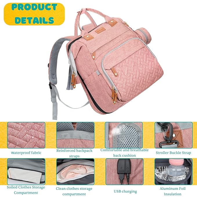 Diaper Bag, Baby Essentials, Multi-functional Large-capacity Diaper Bag Backpack, Best Gift for Newborns with Diaper Changing Station, Travel Essentials Diaper Bag Backpack (Pink)