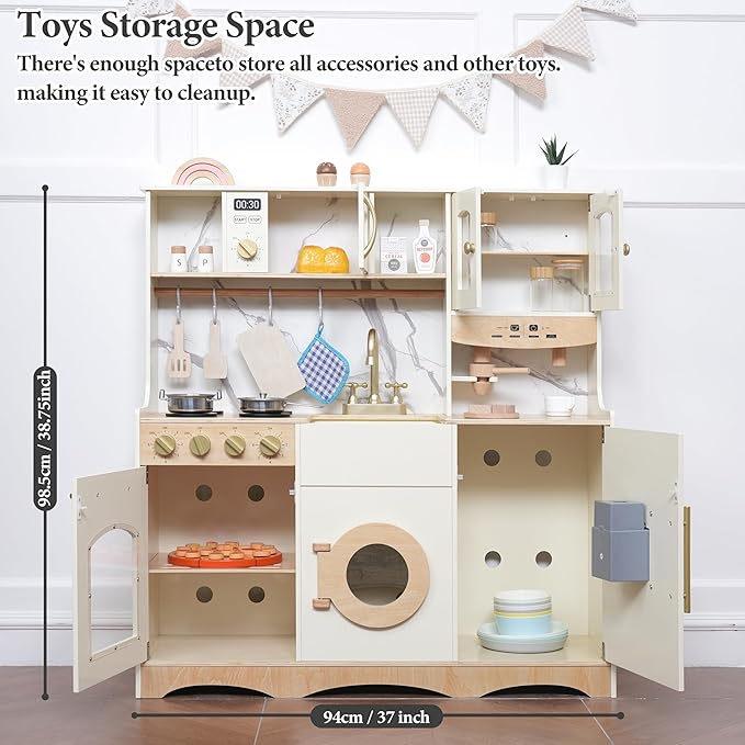 Wooden Play Kitchen for Kids with Realistic and Interactive Features, Includes 20 Toy Kitchen Accessories, Ideal Pretend Playset Gift for Kids and Toddlers Ages 3+