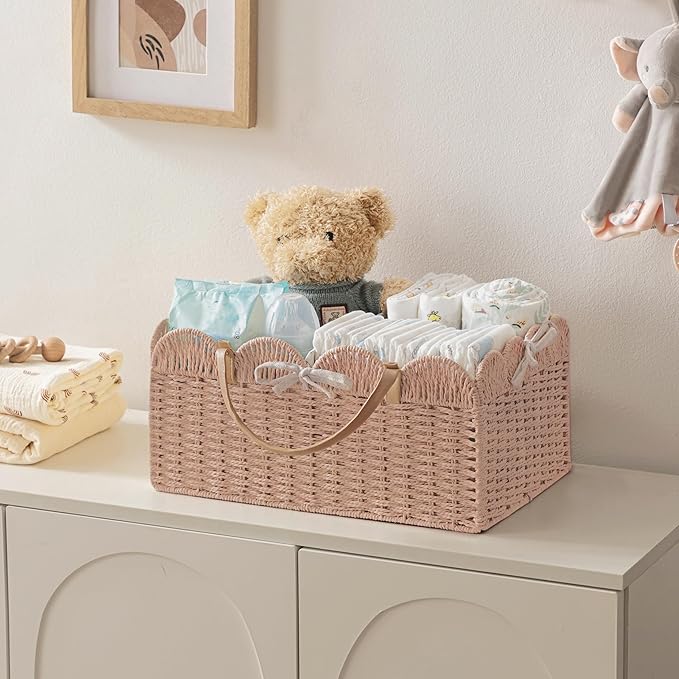 HBlife Baby Diaper Caddy, Paper Rope Storage Baskets Nursery Bin with Removable Divider, Portable Car Organizer for Diapers, Baby Shower Gifts, Newborn Essentials Must Haves