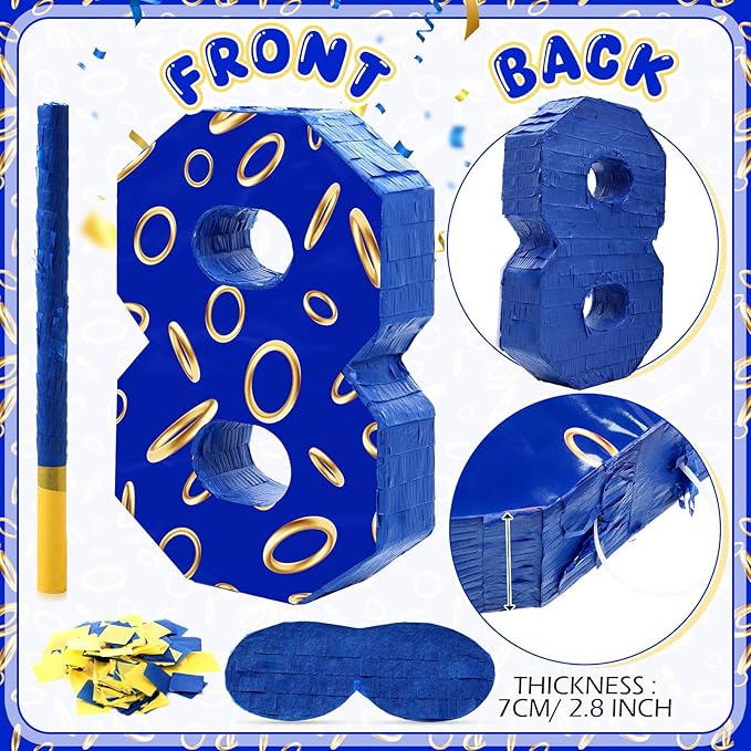Number 8 Blue and Golden Rings Piñata for Kids Birthday Cartoon Theme Small Piñata with Blindfold Stick Confetti for Fiesta Cinco De Mayo Party Decor, 15.8 x 11 x 2.8 Inch