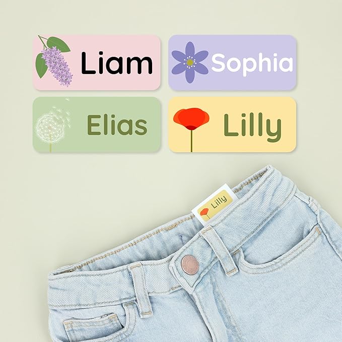 Personalized Name Labels for Kids (120) – Custom Waterproof & Durable Stickers for Clothing, Daycare, Office & School Supplies - Flowers