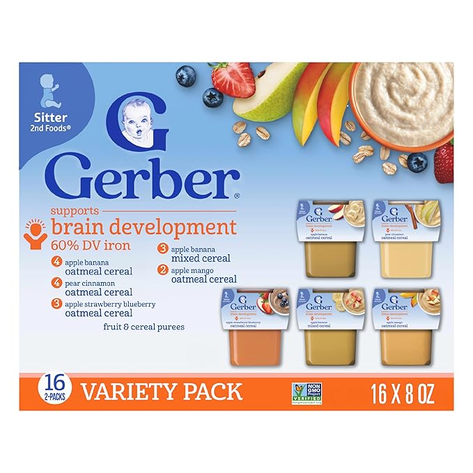 Gerber Stage 2 Baby Food, Baby Fruit And Cereal Tubs Variety Pack, Iron Helps Support Brain Development, No Artificial Flavors, Baby Cereal, 32-Pack