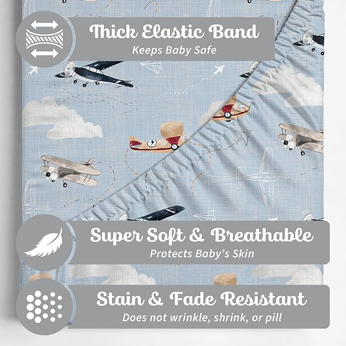 Crib Sheets Neutral - Fitted Baby Crib Sheets Bed for Girl Boy - 2 Pack Standard & Toddler Mattress - Buttery Soft Organic Cotton Blend (Airplanes in The Clouds)
