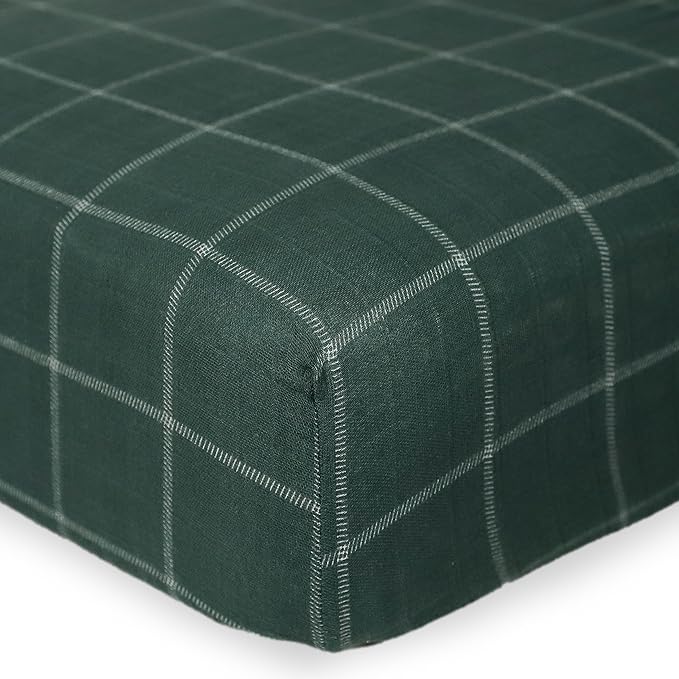 Little Unicorn Fitted Crib Sheet | 100% Cotton Muslin | Super Soft | Sized for Standard Baby Crib & Toddler Mattress | Machine Washable | 52” x 28” x 6” (Evergreen Plaid)