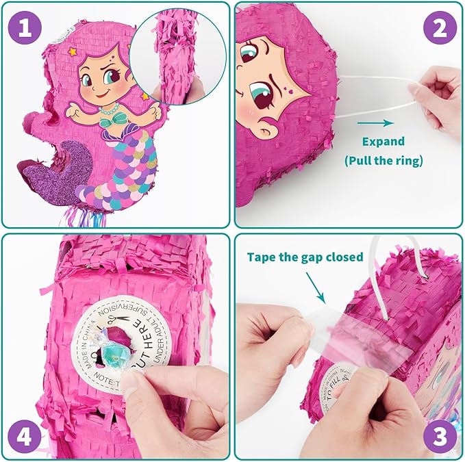 WERNNSAI Foldable Mermaid Pinata - Pull String Mermaid Birthday Party Supplies Extendable Mermaid with Blindfold Bat and Tassels Mermaid Party Decoration Folding Mermaid Girl Piñatas for Game