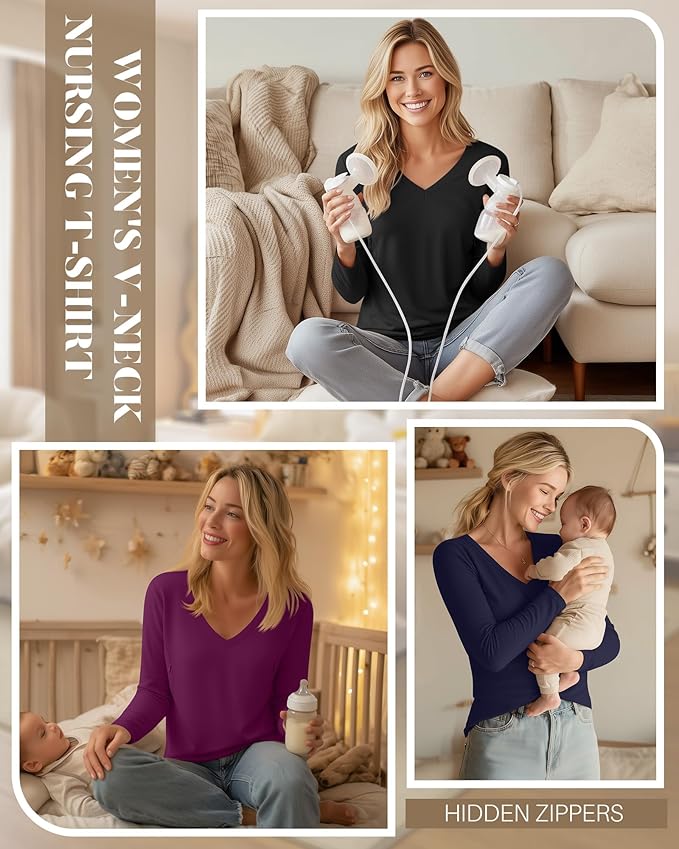 Huukeay 3 Pack Women's Long Sleeve Nursing Tops, Breastfeeding Hidden Zippers Shirts V Neck Maternity Pregnancy Tees Clothes