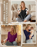 Huukeay 3 Pack Women's Long Sleeve Nursing Tops, Breastfeeding Hidden Zippers Shirts V Neck Maternity Pregnancy Tees Clothes