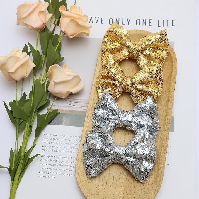Gold Sequins Hair Bows for Girls Alligator Clips Hair Glitter Handmade Bows Hair Clip Toddler Teens Hair Accessories Gift for All Hair Types