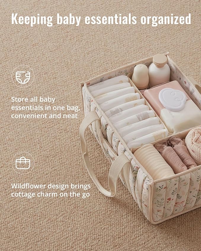 Blissful Diary Floral Diaper Caddy Organizer, Stylish Nursery Storage Basket, Gift for Baby Shower, Newborn Essentials, Floral Beige