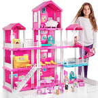 Pink Villa Playset for Girls Ages 3-7, 4-Story 10-Room House with 2 Dolls, Furniture & Accessories, Pretend Play Toddler Toy, Birthday Gifts for Kids 3-8