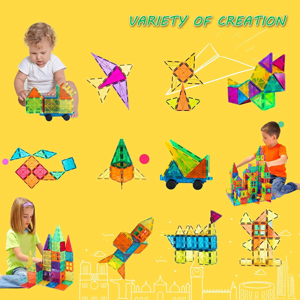 Bmag 100PCS Magnet Building Blocks with 2 Cars for Kids, Magnetic Tiles Stacking Building Set for Boys Girls, STEM Preschool Educational Learning Construction Toy