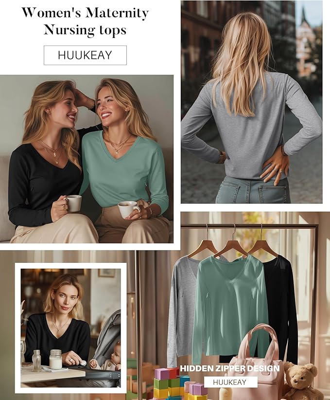 Huukeay 3 Pack Women's Long Sleeve Nursing Tops, Breastfeeding Hidden Zippers Shirts V Neck Maternity Pregnancy Tees Clothes