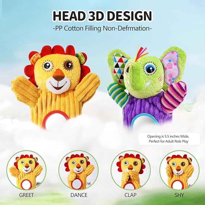 Jollybaby Hand Puppets Baby Toy 0-6-12 Months, Plush Stuffed Animal Hand Puppets Toys for Kids，Sensory Doll with Rattle and Mirror for Toddler，Social Emotional Play Therapy Toys for Boy Girl Gift