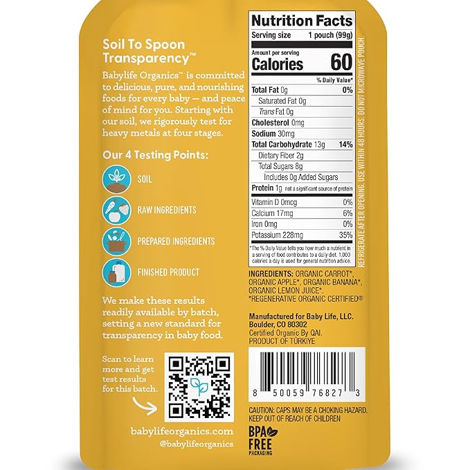 Babylife Organics Stage 2 - Carrot, Apple & Banana, 3.5 Ounce Pouch (6 Pack) - Heavy Metal Safe, Organic Baby Food