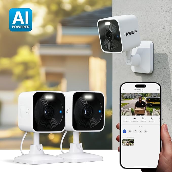 Defender GO 2K AI Powered WiFi Indoor/Outdoor Home, Business, Pet, Baby Security Camera, AI Detection, Dual Band, Spotlight/Siren, Color Night Vision, 2-Way Talk, Works with ClearVu App, 2 Pack