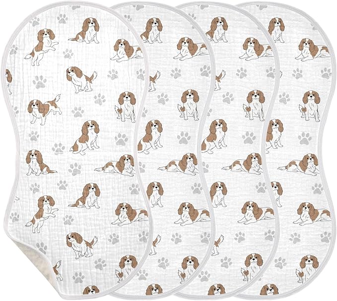 4 Pack Muslin Burp Cloths Cavalier Dogs Paw White Cotton Baby Burp Cloths Ultra Absorbent Burping Cloth Soft Spit Up Rags for Newborn Babies Boys Girls 22x11 Inch