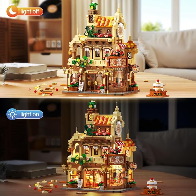 Flower Bakery Coffee House Building Set with Lights, City Cafe Baking House Display Model Toy, 1289 PCS Modular Construction Building Blocks Kit Home Decor, Gift for Adults Teens Girls 12+