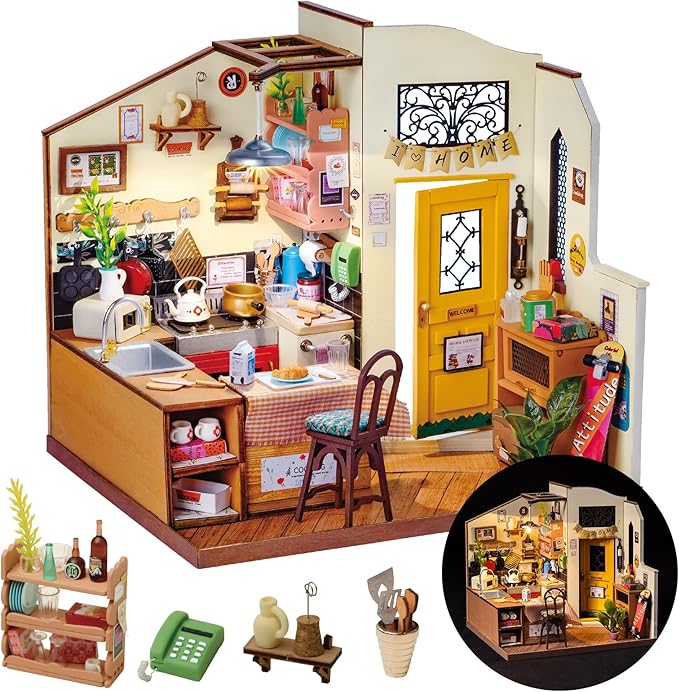 Rolife DIY Miniature Cozy Kitchen House Kit for Adults to Build, Tiny House Making Kit with Furnitures, Halloween/Christmas Decorations/Gifts for Family and Friends (Cozy Kitchen)