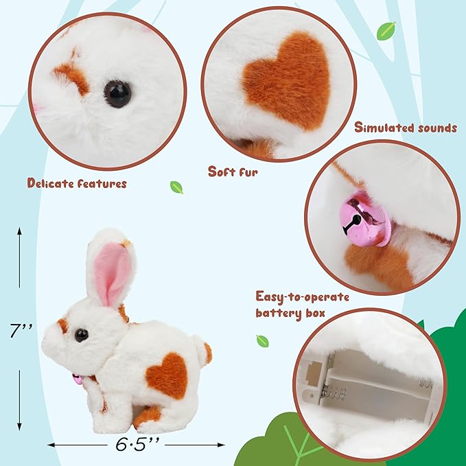 Easfan Bunny Pink Plush Toy Jumping Spotted Rabbit Talking Hopping Ears Nose Moving Educational Plush Toy Singing Shaking Glowing Interactive Toy Electric for Toddlers Kids