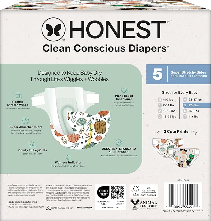 The Honest Company Clean Conscious Diapers for Delicate Skin | Up to 100% Leakproof | Hypoallergenic, Fragrance Free | Fall '25 Limited Edition Prints | Club Box, Size 5 (27+ lbs), 44 Count
