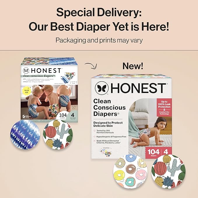 The Honest Company Clean Conscious Diapers for Delicate Skin | Up to 100% Leakproof | Hypoallergenic, Fragrance Free | Gender Neutral | Super Club Box, Size 4 (22-37 lbs), 104 Count (Prints May Vary)