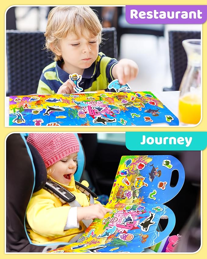 Benresive Reusable Sticker Book for Toddlers 2-4 Years, Fun Travel Stickers for Kids, Waterproof Sticker Books for Toddlers 1-3, Crafts Activities for Todddlers 1-3 2-4 3-5 - Ocean World