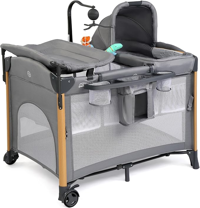 JOYMOR 7 in 1 Bedside Bassinet with Changing Table, All in One Nursery Center, Bedside Sleeper with Mattress, Sheet, Canopy, Storage Shelf,Gray